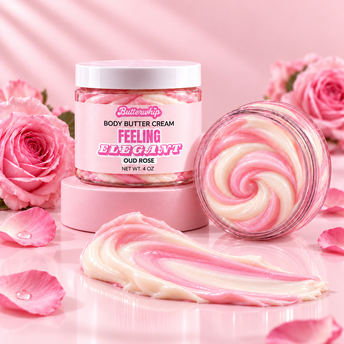 Butterwhip Feeling Elegant Oud Rose Body Butter Cream on a pink pedestal with pink and cream body butter swirls and roses.